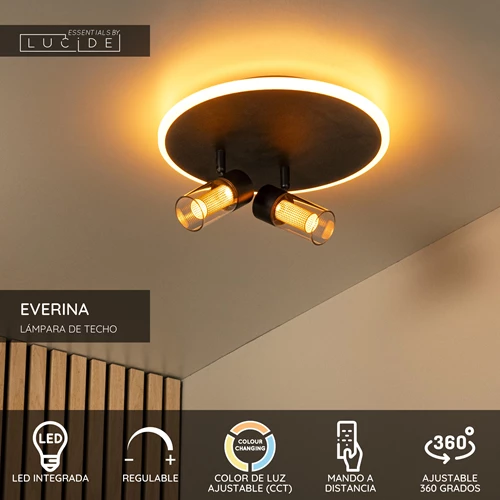 Lucide EVERINA - Lámpara de techo - Ø 30 cm - LED Regul. - CCT - 2200K/6500K - Negro | Essential - USP